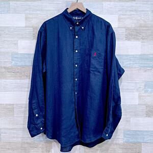 Ralph Lauren 100% Linen Blake Shirt Navy Blue Long Sleeve Vintage Mens Large